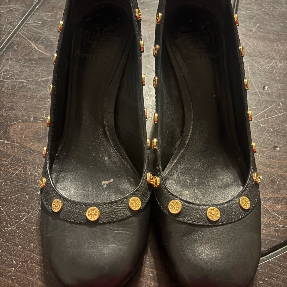 Tory Burch Black Heels with Gold Embellishments
